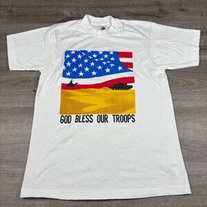 American Flag ‘God Bless Our Troops’ Patriotic White T-Shirt Large Single Stitch